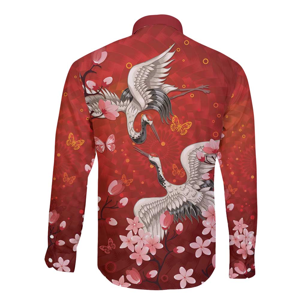 Hawaii Japan Cranes Sakura Flower Red Long Sleeve Button Shirt Japan Heritage Spirit - Polynesian Pride