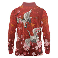 Hawaii Japan Cranes Sakura Flower Red Long Sleeve Polo Shirt Japan Heritage Spirit - Polynesian Pride
