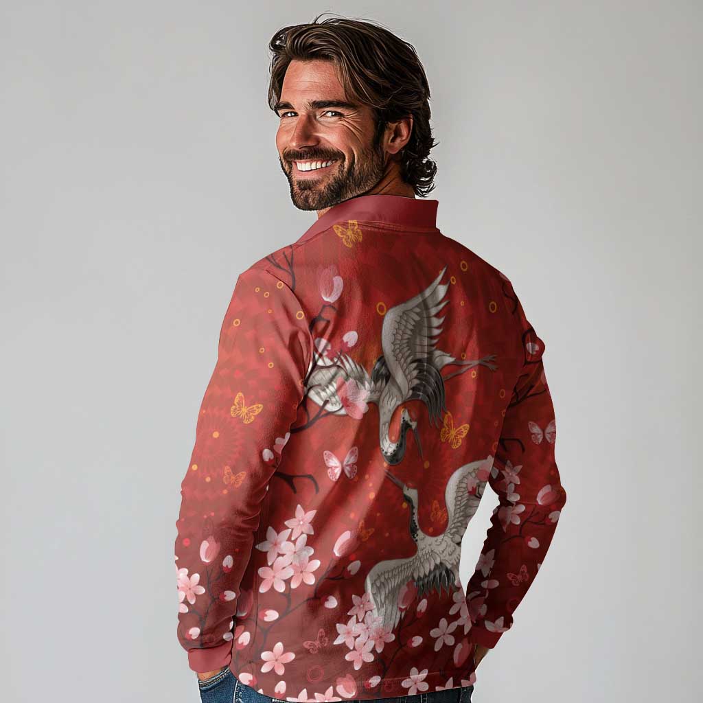 Hawaii Japan Cranes Sakura Flower Red Long Sleeve Polo Shirt Japan Heritage Spirit - Polynesian Pride
