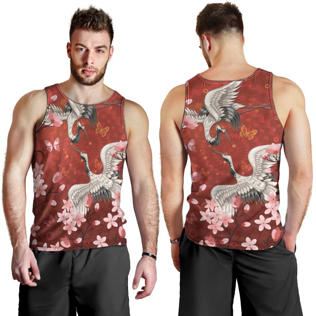Hawaii Japan Cranes Sakura Flower Red Men Tank Top Japan Heritage Spirit - Polynesian Pride