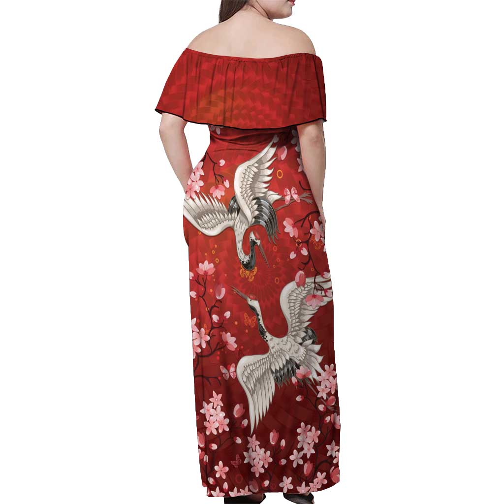 Hawaii Japan Cranes Sakura Flower Red Off Shoulder Maxi Dress Japan Heritage Spirit - Polynesian Pride