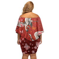 Hawaii Japan Cranes Sakura Flower Red Off Shoulder Short Dress Japan Heritage Spirit - Polynesian Pride