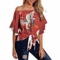 Hawaii Japan Cranes Sakura Flower Red Off Shoulder Wrap Waist Top Japan Heritage Spirit LT01 - Polynesian Pride