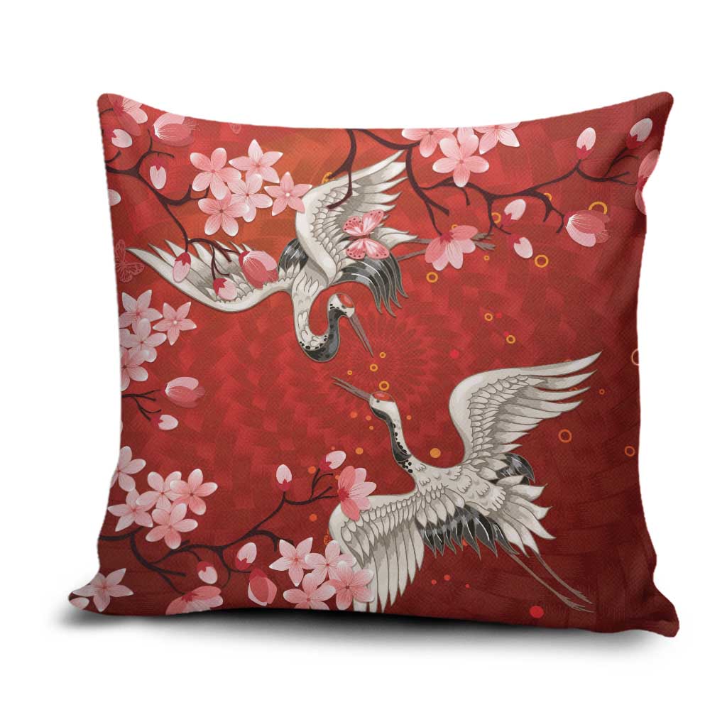 Hawaii Japan Cranes Sakura Flower Red Pillow Cover Japan Heritage Spirit - Polynesian Pride