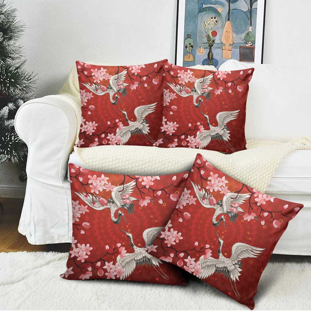 Hawaii Japan Cranes Sakura Flower Red Pillow Cover Japan Heritage Spirit - Polynesian Pride