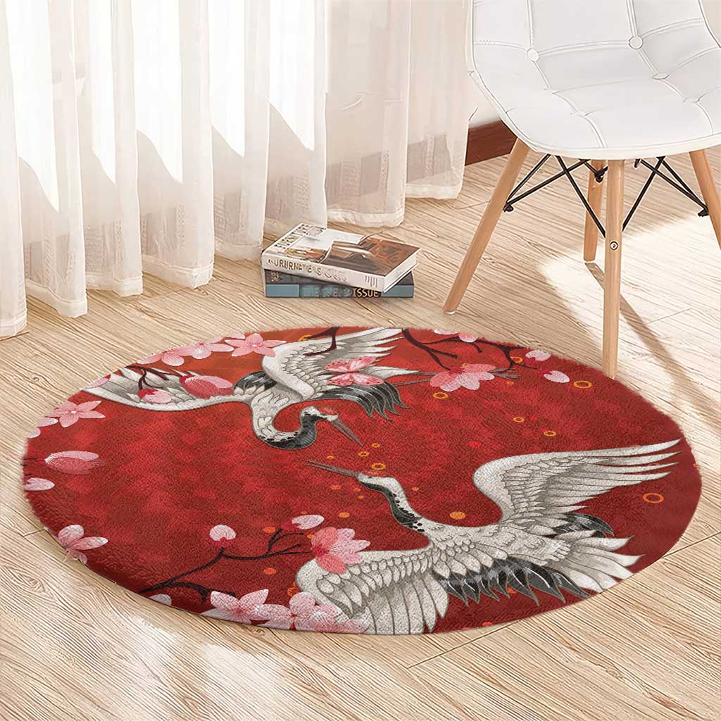 Hawaii Japan Cranes Sakura Flower Red Round Carpet Japan Heritage Spirit - Polynesian Pride