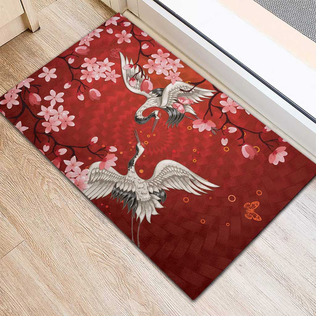 Hawaii Japan Cranes Sakura Flower Red Rubber Doormat Japan Heritage Spirit - Polynesian Pride