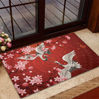 Hawaii Japan Cranes Sakura Flower Red Rubber Doormat Japan Heritage Spirit - Polynesian Pride