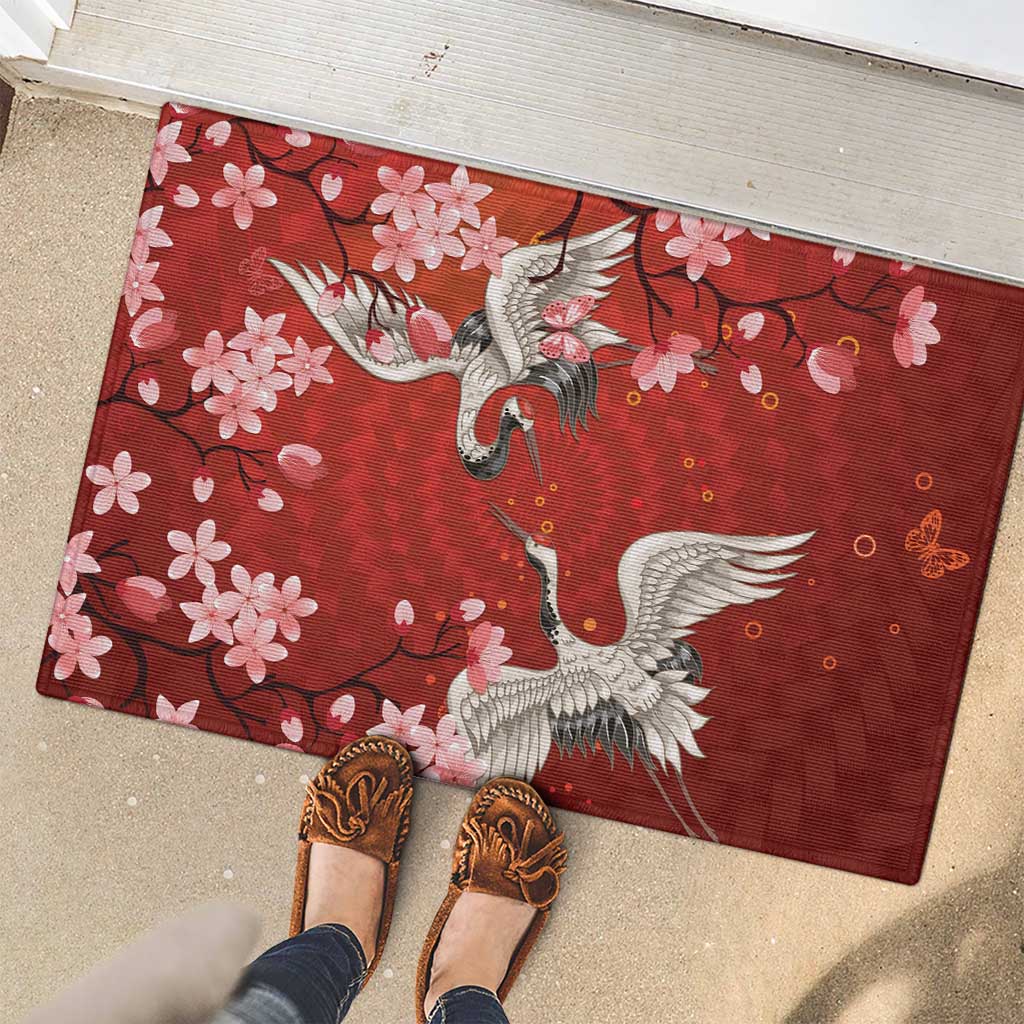 Hawaii Japan Cranes Sakura Flower Red Rubber Doormat Japan Heritage Spirit - Polynesian Pride