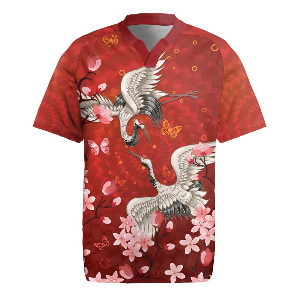 Hawaii Japan Cranes Sakura Flower Red Rugby Jersey Japan Heritage Spirit - Polynesian Pride