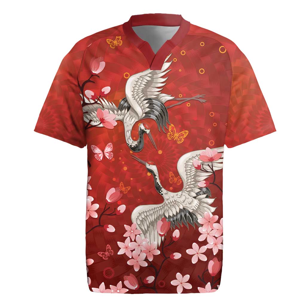Hawaii Japan Cranes Sakura Flower Red Rugby Jersey Japan Heritage Spirit LT01 Red - Polynesian Pride