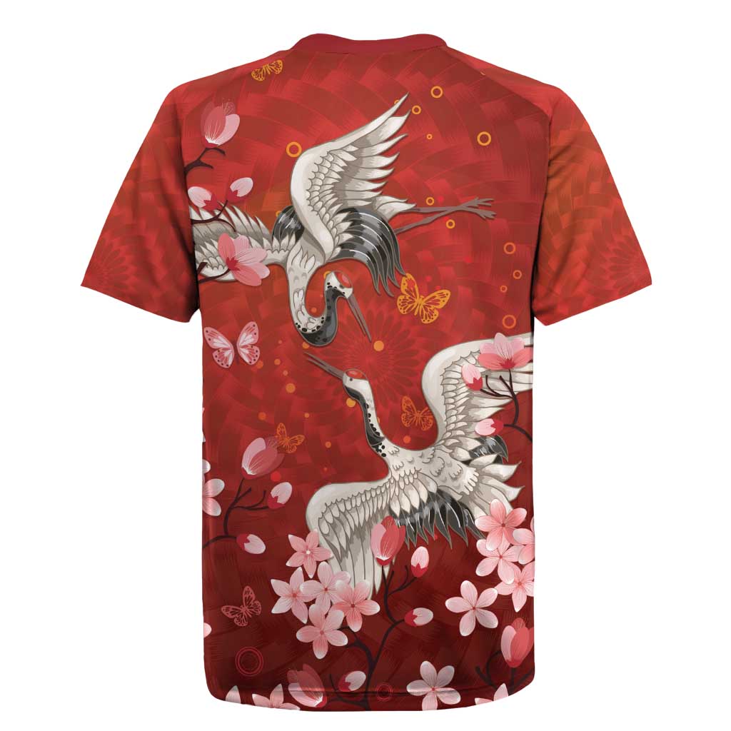 Hawaii Japan Cranes Sakura Flower Red Rugby Jersey Japan Heritage Spirit - Polynesian Pride