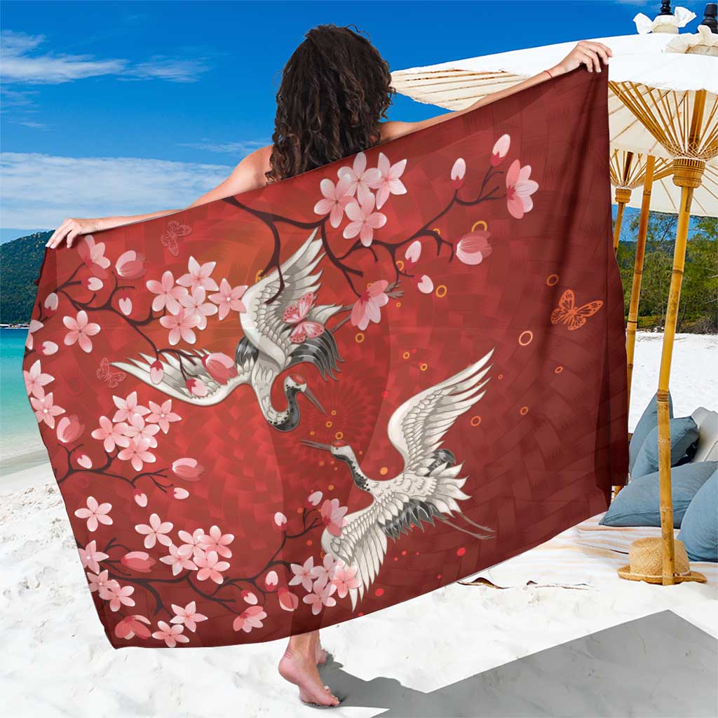 Hawaii Japan Cranes Sakura Flower Red Sarong Japan Heritage Spirit LT01 One Size 44 x 66 inches Red - Polynesian Pride
