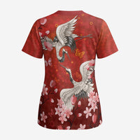 Hawaii Japan Cranes Sakura Flower Red Scrub Top Japan Heritage Spirit - Polynesian Pride