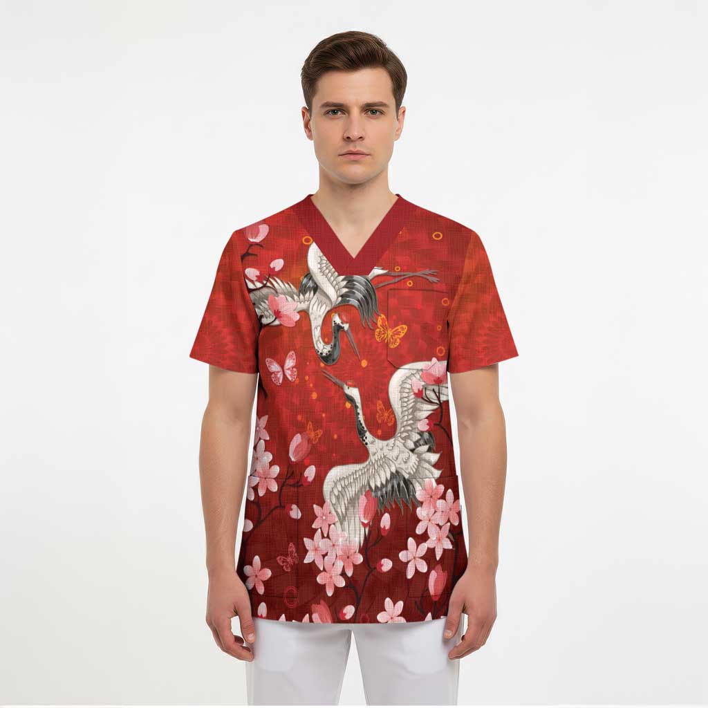 Hawaii Japan Cranes Sakura Flower Red Scrub Top Japan Heritage Spirit - Polynesian Pride