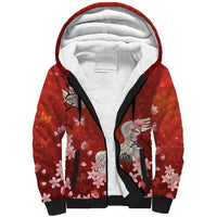 Hawaii Japan Cranes Sakura Flower Red Sherpa Hoodie Japan Heritage Spirit - Polynesian Pride