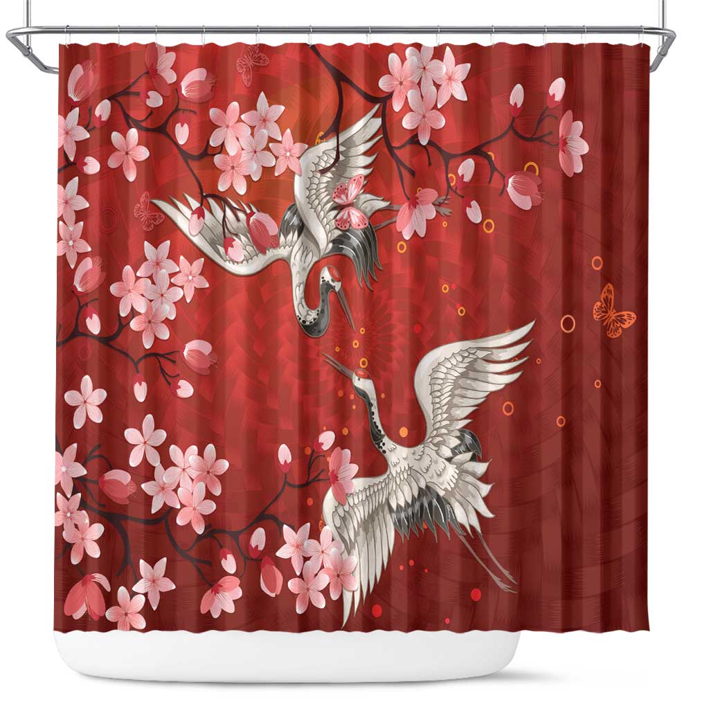 Hawaii Japan Cranes Sakura Flower Red Shower Curtain Japan Heritage Spirit LT01 Red - Polynesian Pride