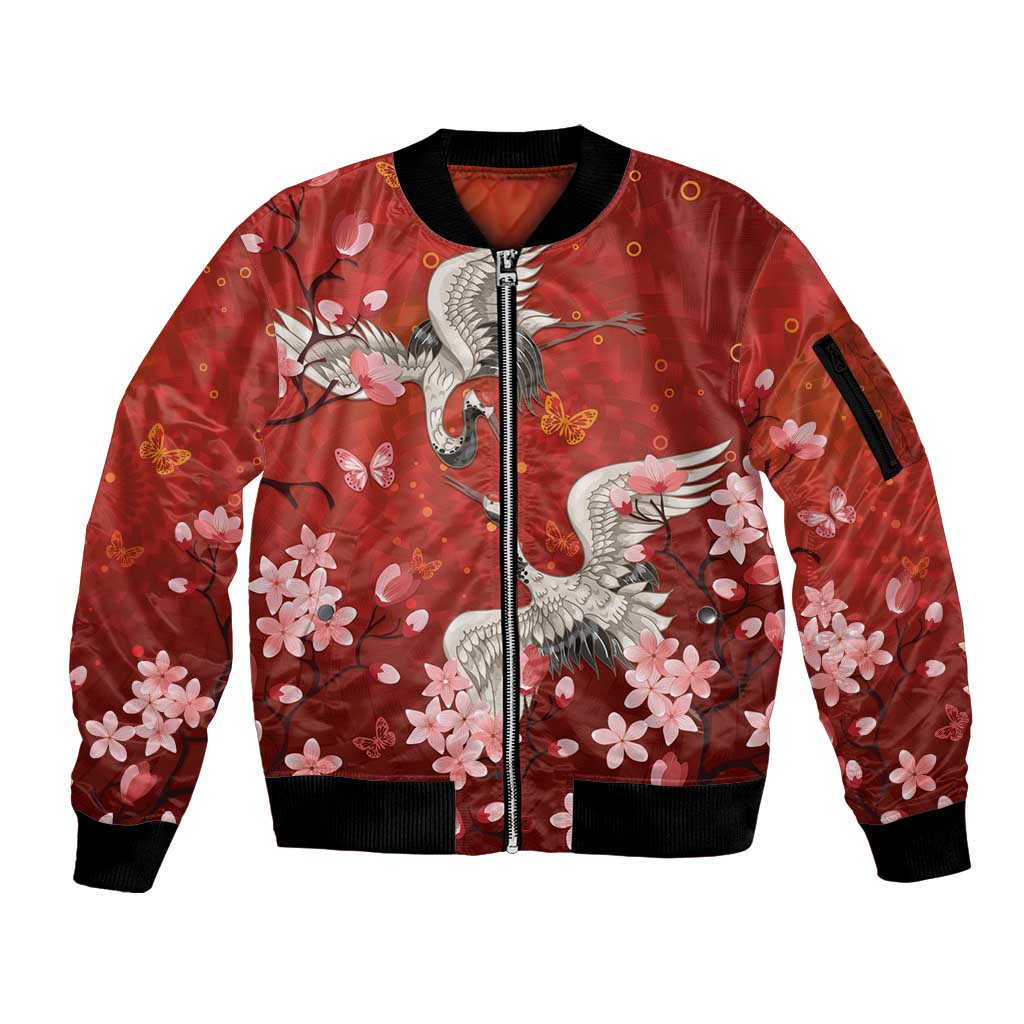Hawaii Japan Cranes Sakura Flower Red Sleeve Zip Bomber Jacket Japan Heritage Spirit LT01 Unisex Red - Polynesian Pride