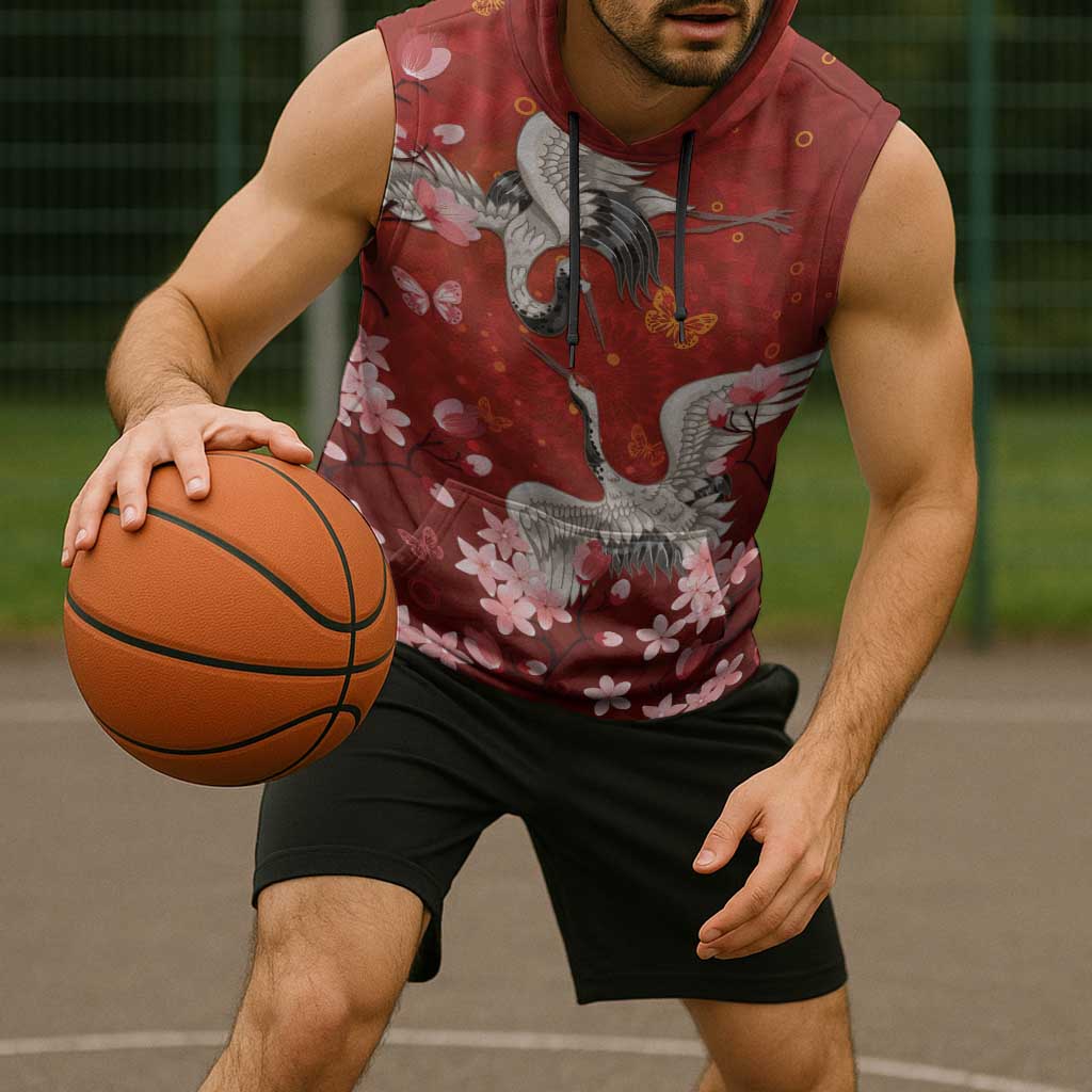 Hawaii Japan Cranes Sakura Flower Red Sleeveless Hoodie Japan Heritage Spirit - Polynesian Pride