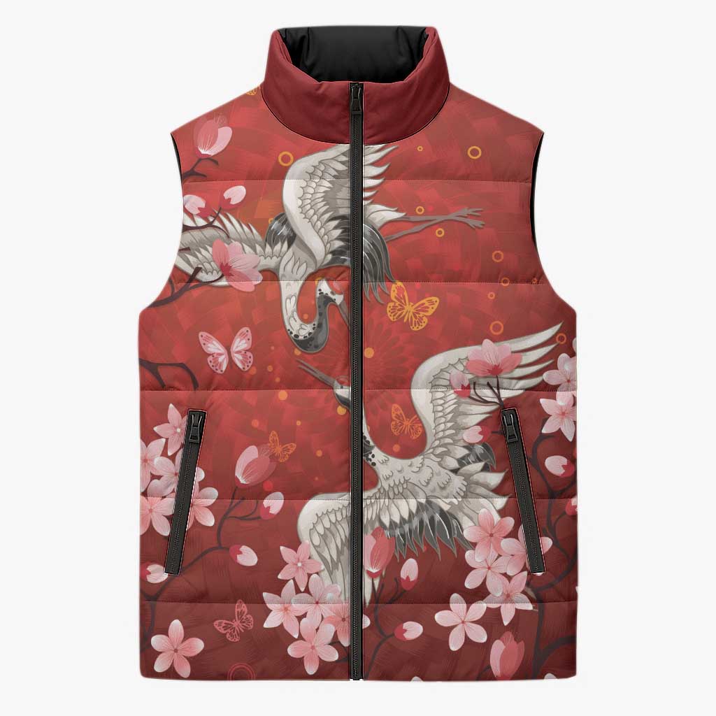 Hawaii Japan Cranes Sakura Flower Red Sleeveless Puffer Jacket Japan Heritage Spirit - Polynesian Pride