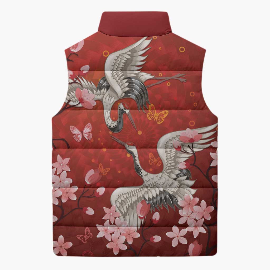 Hawaii Japan Cranes Sakura Flower Red Sleeveless Puffer Jacket Japan Heritage Spirit - Polynesian Pride