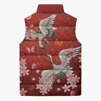 Hawaii Japan Cranes Sakura Flower Red Sleeveless Puffer Jacket Japan Heritage Spirit - Polynesian Pride