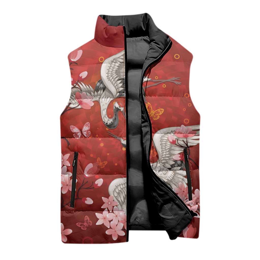 Hawaii Japan Cranes Sakura Flower Red Sleeveless Puffer Jacket Japan Heritage Spirit - Polynesian Pride