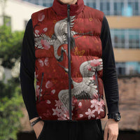 Hawaii Japan Cranes Sakura Flower Red Sleeveless Puffer Jacket Japan Heritage Spirit - Polynesian Pride