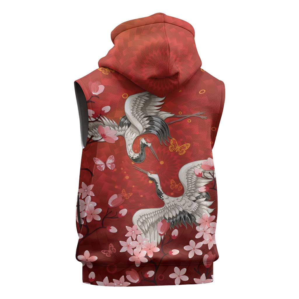 Hawaii Japan Cranes Sakura Flower Red Sleeveless Zip Hoodie Japan Heritage Spirit - Polynesian Pride