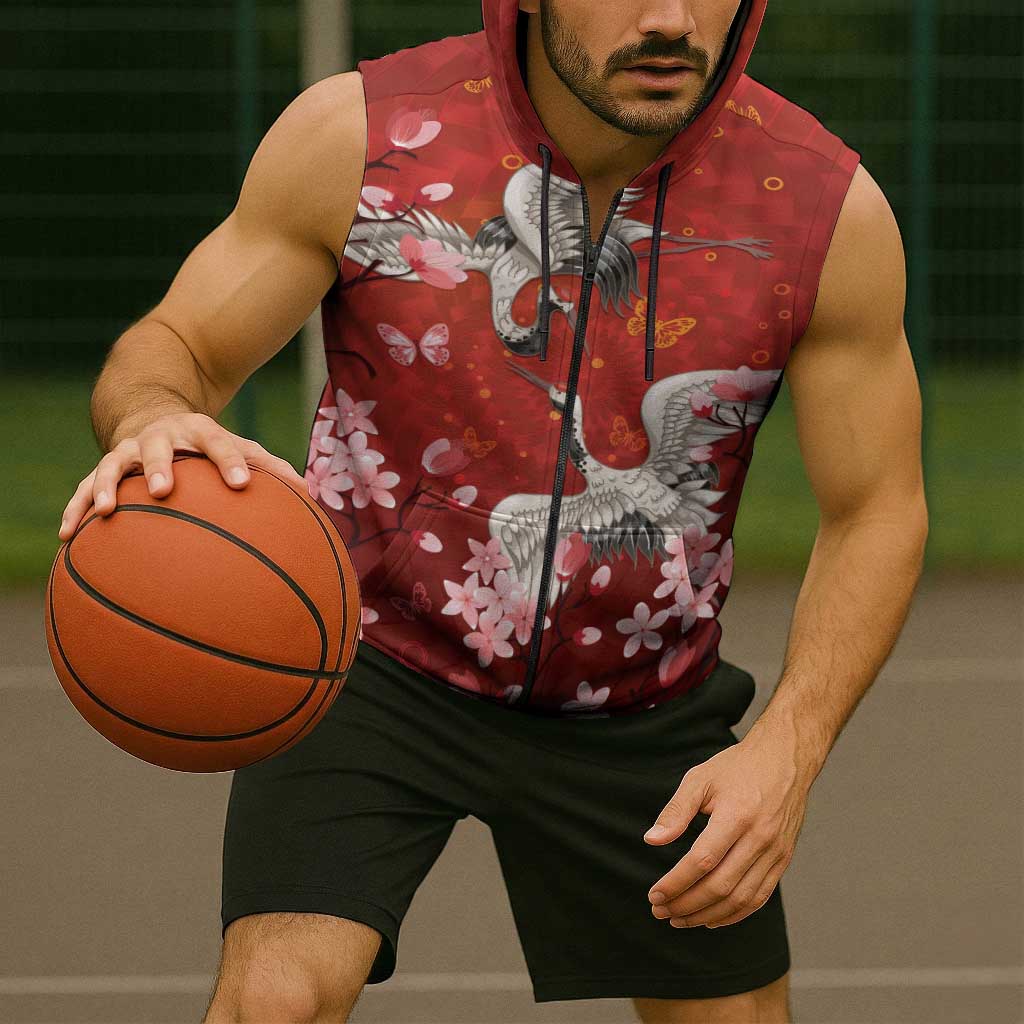 Hawaii Japan Cranes Sakura Flower Red Sleeveless Zip Hoodie Japan Heritage Spirit - Polynesian Pride