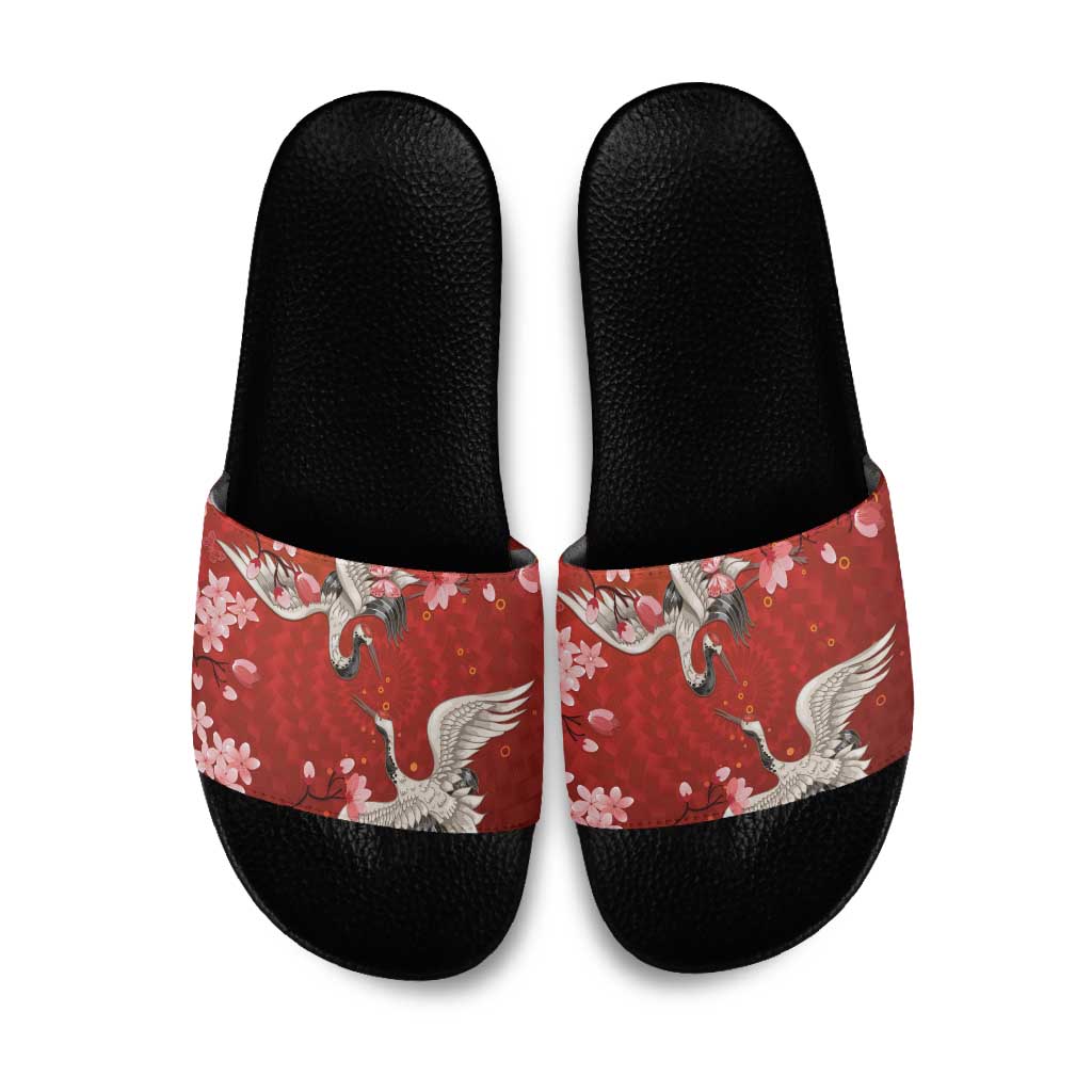 Hawaii Japan Cranes Sakura Flower Red Slide Sandals Japan Heritage Spirit LT01 Red - Polynesian Pride