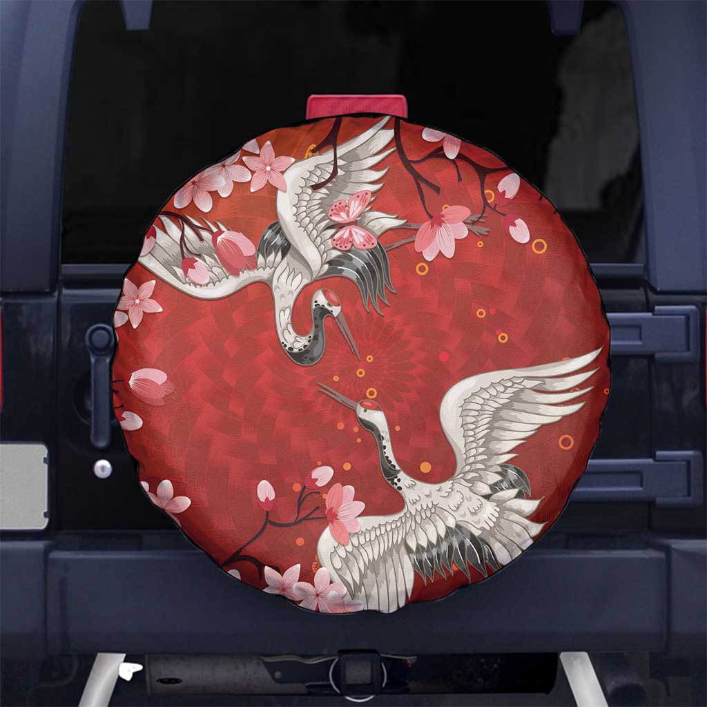 Hawaii Japan Cranes Sakura Flower Red Spare Tire Cover Japan Heritage Spirit - Polynesian Pride
