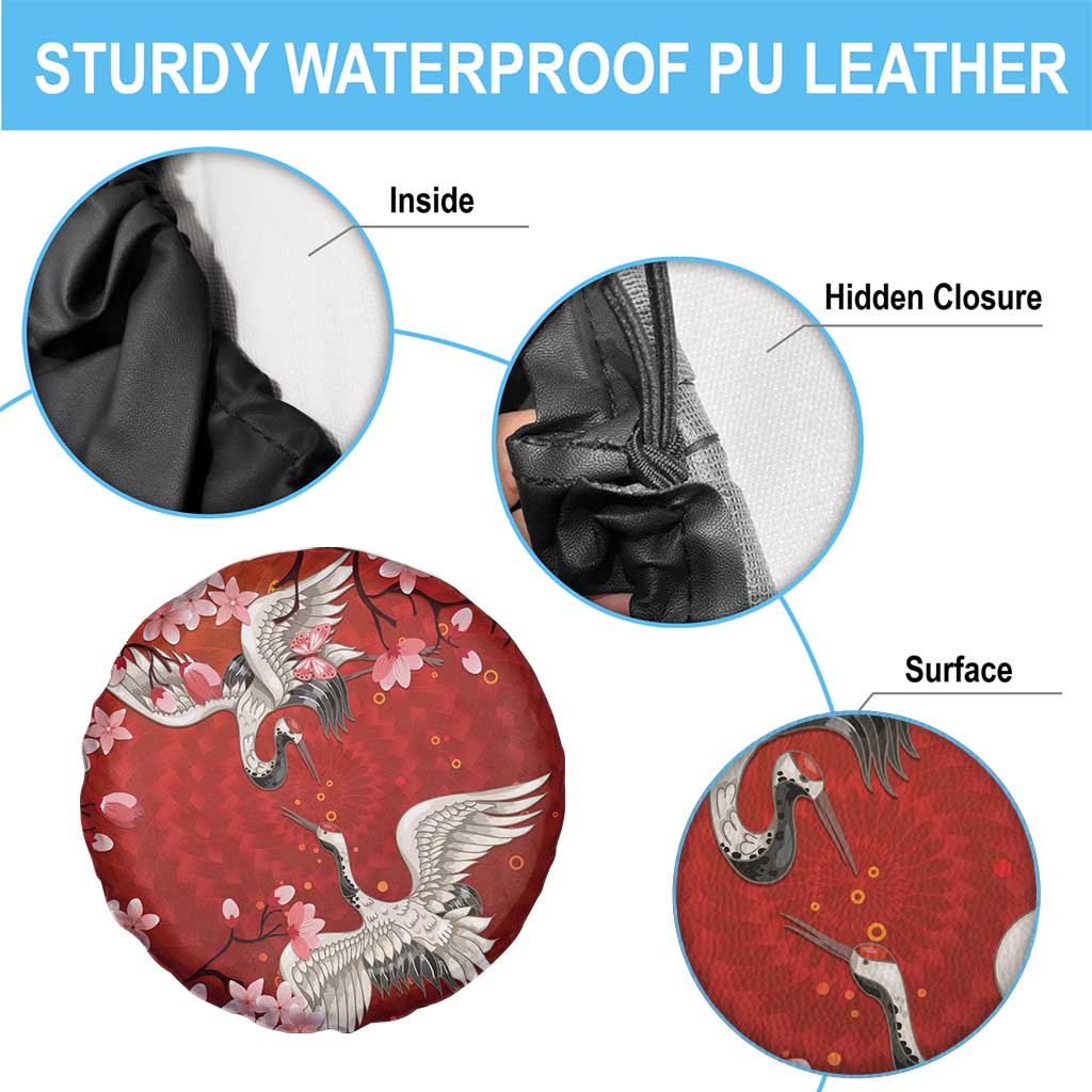 Hawaii Japan Cranes Sakura Flower Red Spare Tire Cover Japan Heritage Spirit - Polynesian Pride