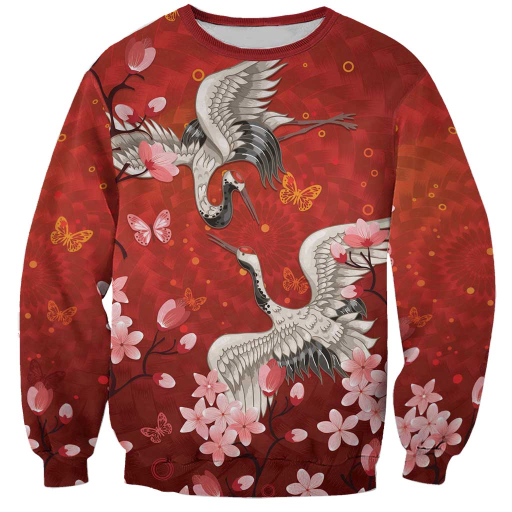 Hawaii Japan Cranes Sakura Flower Red Sweatshirt Japan Heritage Spirit LT01 Unisex Red - Polynesian Pride