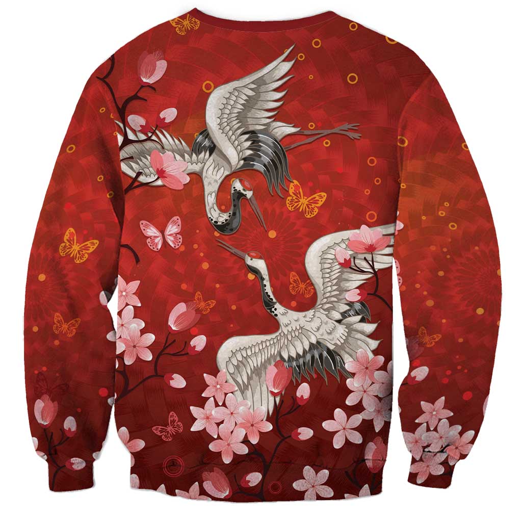 Hawaii Japan Cranes Sakura Flower Red Sweatshirt Japan Heritage Spirit - Polynesian Pride