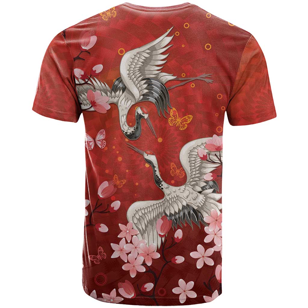 Hawaii Japan Cranes Sakura Flower Red T Shirt Japan Heritage Spirit - Polynesian Pride