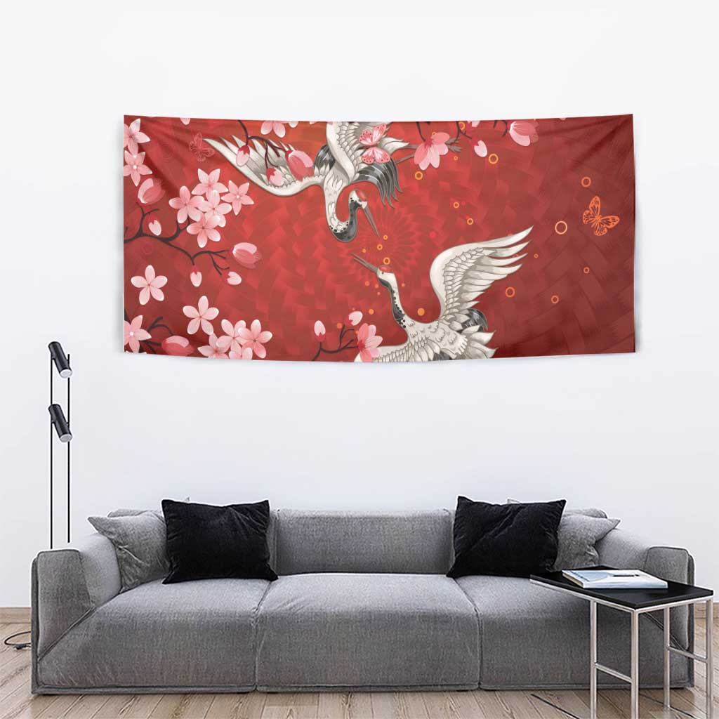 Hawaii Japan Cranes Sakura Flower Red Tapestry Japan Heritage Spirit - Polynesian Pride