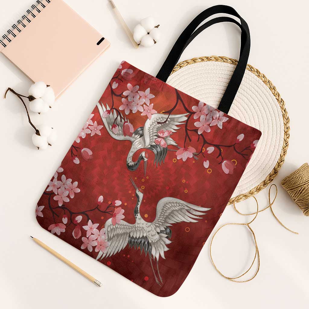 Hawaii Japan Cranes Sakura Flower Red Tote Bag Japan Heritage Spirit LT01 Black Strap One Size Red - Polynesian Pride