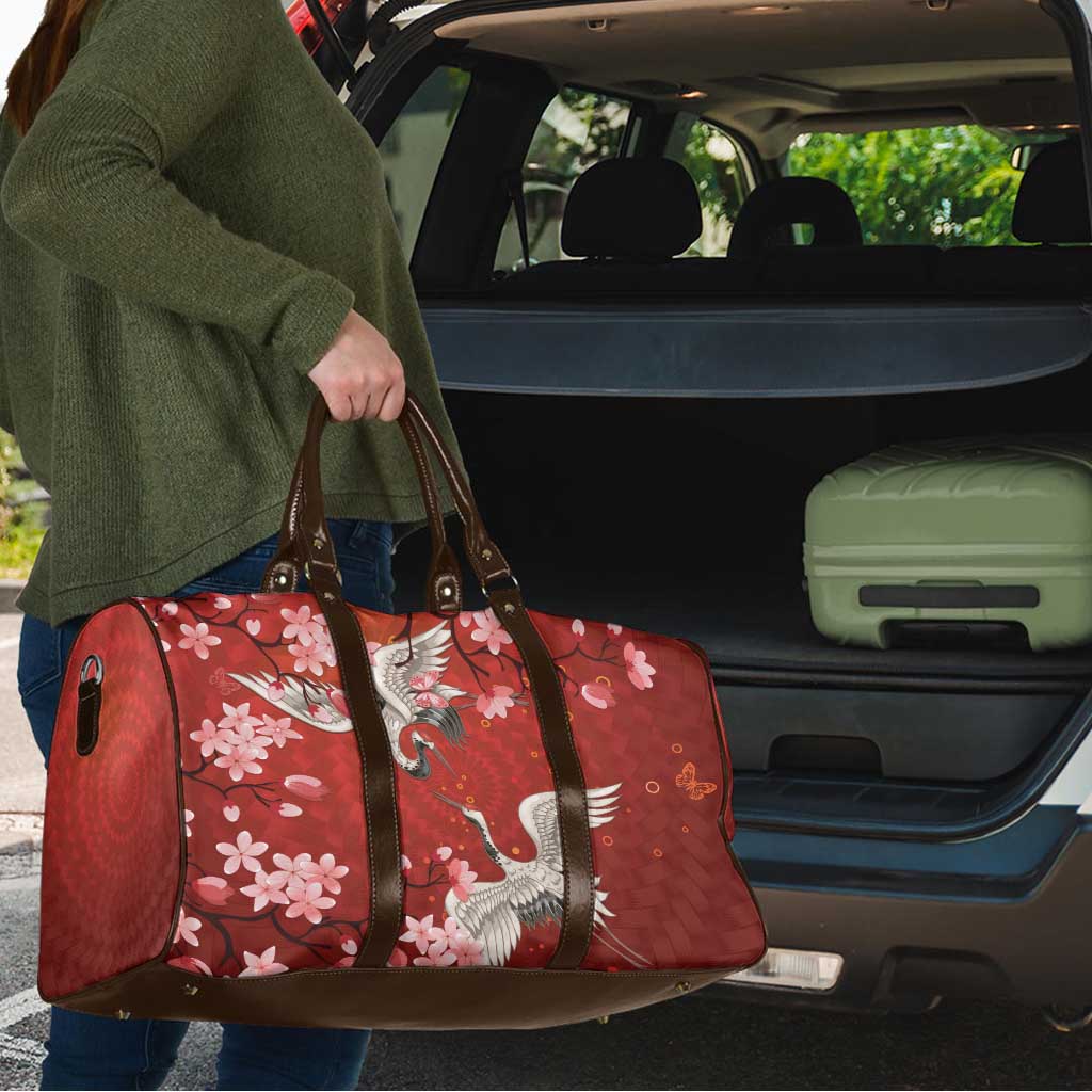 Hawaii Japan Cranes Sakura Flower Red Travel Bag Japan Heritage Spirit - Polynesian Pride