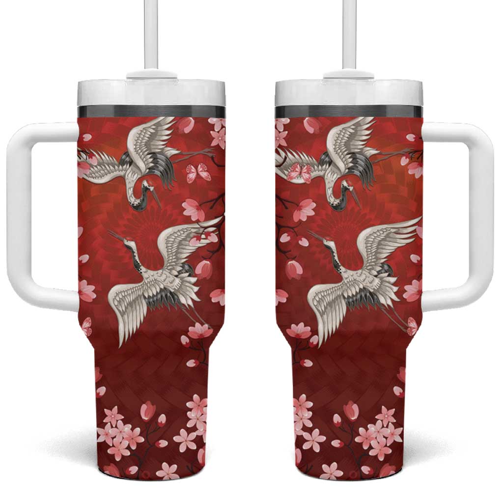Hawaii Japan Cranes Sakura Flower Red Tumbler With Handle Japan Heritage Spirit - Polynesian Pride