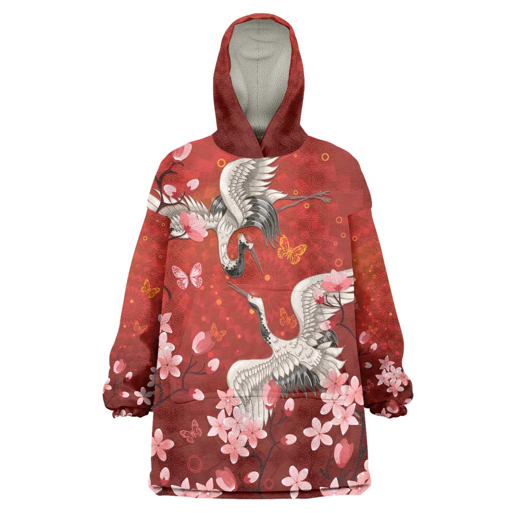 Hawaii Japan Cranes Sakura Flower Red Wearable Blanket Hoodie Japan Heritage Spirit - Polynesian Pride