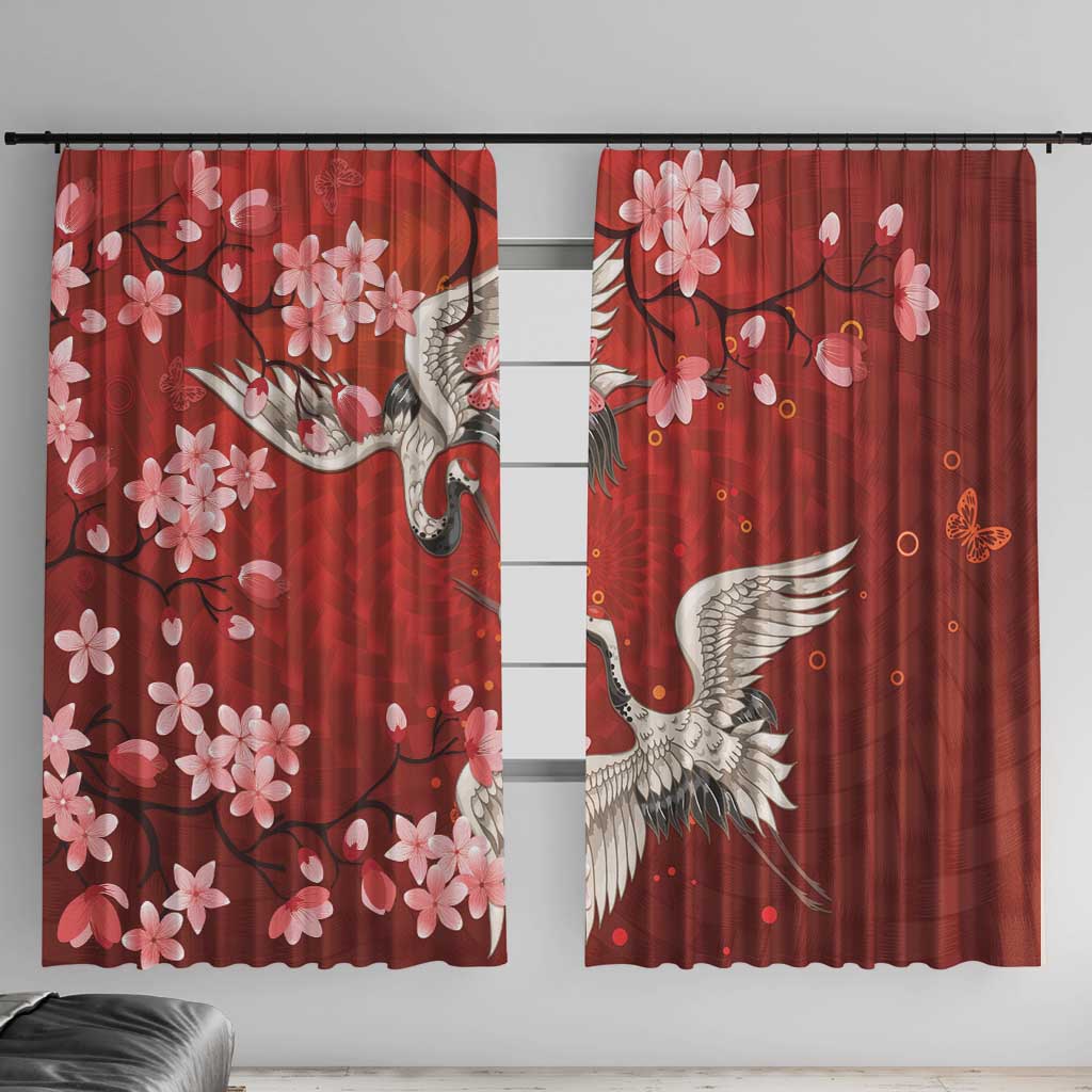 Hawaii Japan Cranes Sakura Flower Red Window Curtain Japan Heritage Spirit - Polynesian Pride