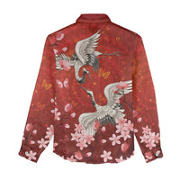 Hawaii Japan Cranes Sakura Flower Red Women Casual Shirt Japan Heritage Spirit - Polynesian Pride