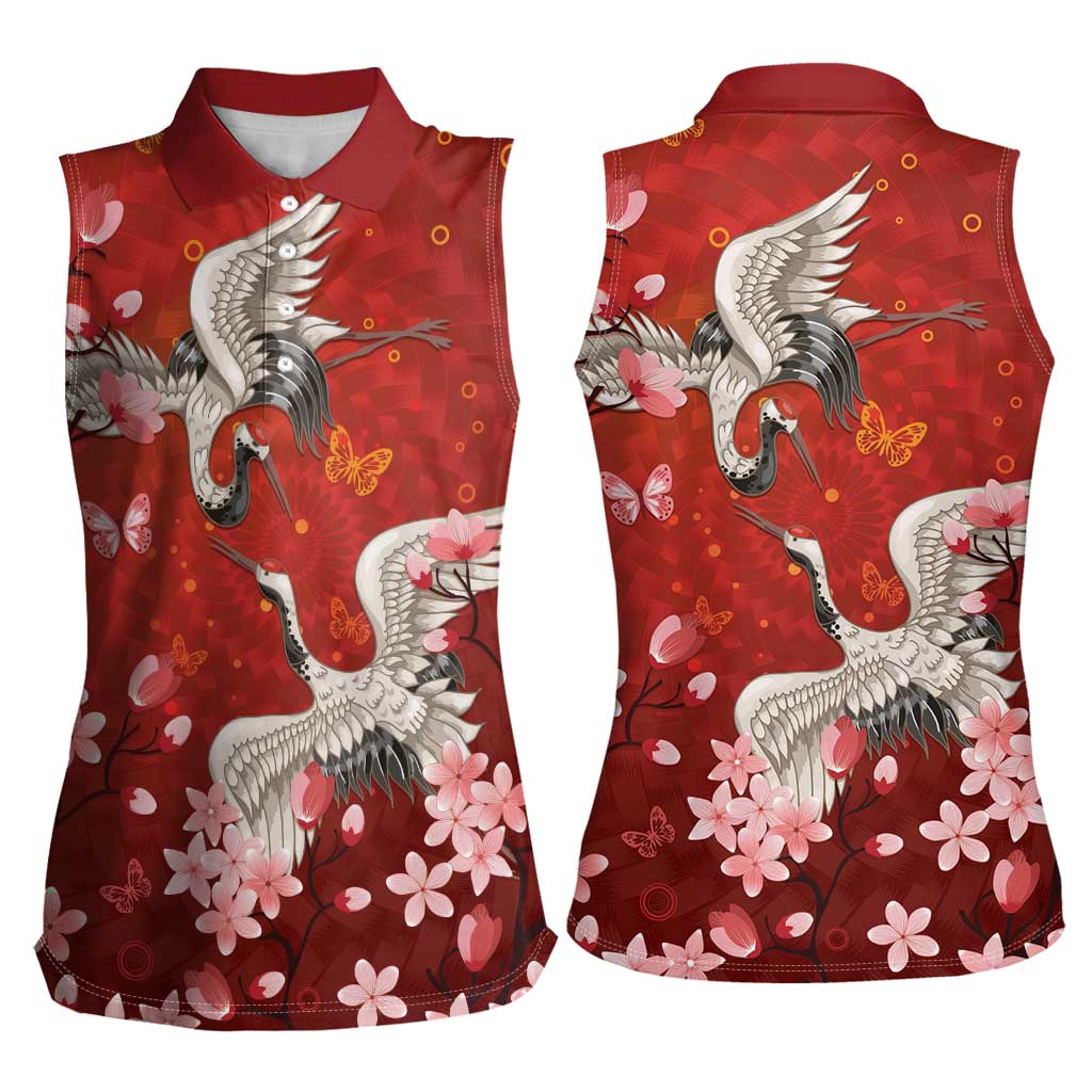 Hawaii Japan Cranes Sakura Flower Red Women Sleeveless Polo Shirt Japan Heritage Spirit - Polynesian Pride