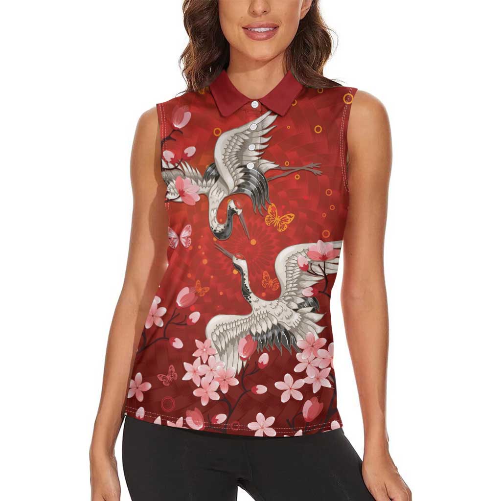 Hawaii Japan Cranes Sakura Flower Red Women Sleeveless Polo Shirt Japan Heritage Spirit - Polynesian Pride