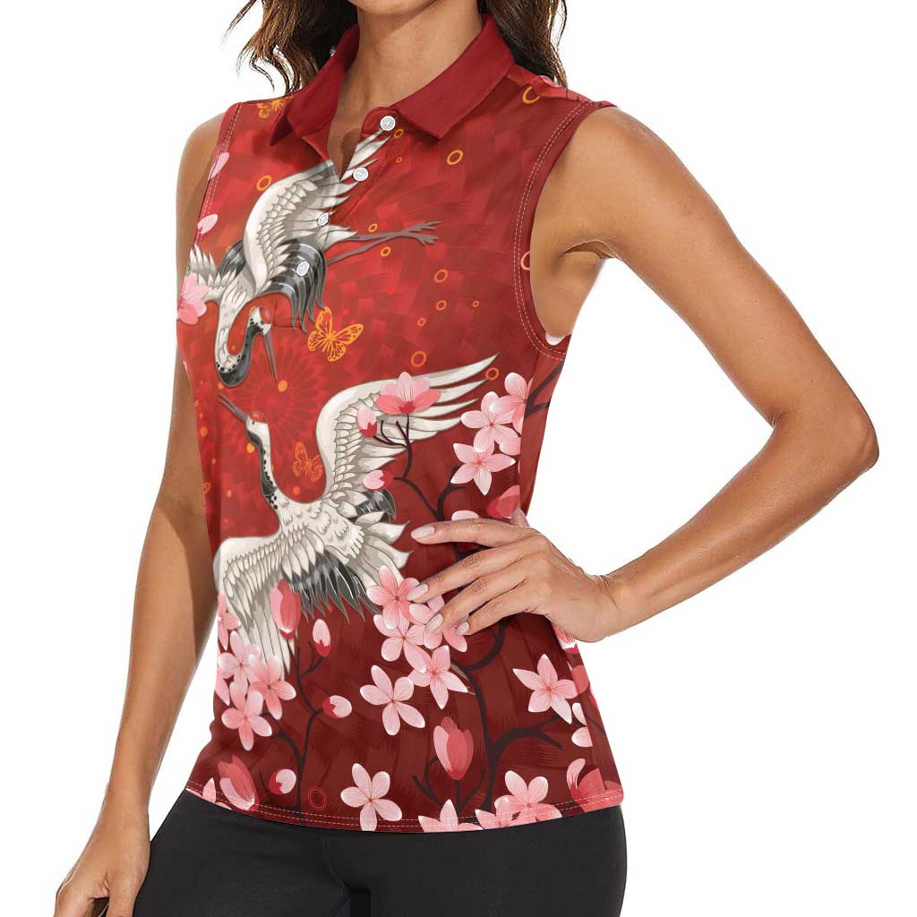 Hawaii Japan Cranes Sakura Flower Red Women Sleeveless Polo Shirt Japan Heritage Spirit - Polynesian Pride