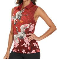 Hawaii Japan Cranes Sakura Flower Red Women Sleeveless Polo Shirt Japan Heritage Spirit - Polynesian Pride