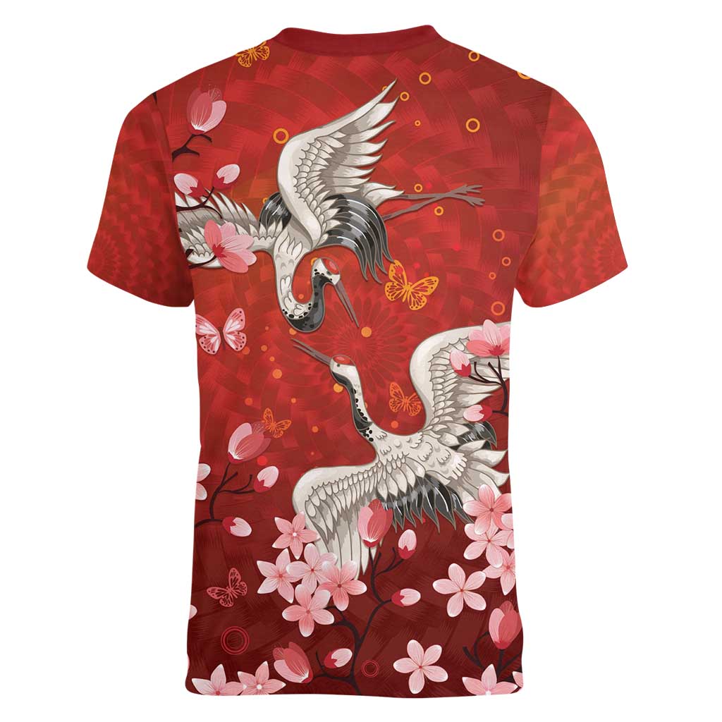 Hawaii Japan Cranes Sakura Flower Red Women V-Neck T-Shirt Japan Heritage Spirit - Polynesian Pride