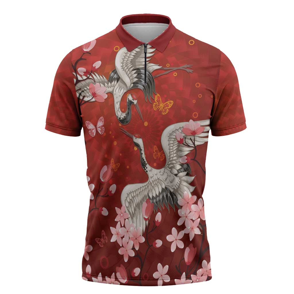 Hawaii Japan Cranes Sakura Flower Red Zipper Polo Shirt Japan Heritage Spirit - Polynesian Pride