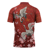Hawaii Japan Cranes Sakura Flower Red Zipper Polo Shirt Japan Heritage Spirit - Polynesian Pride